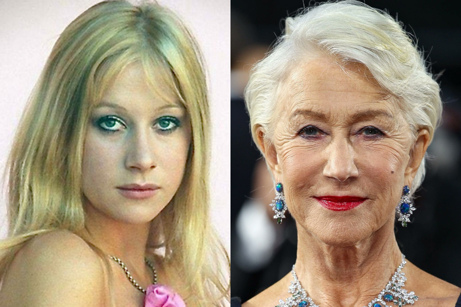 Side-by-side portraits of a young blonde woman with long hair and blue eyes wearing a pink top, and the same woman much older with short silver hair and blue gemstone jewelry.