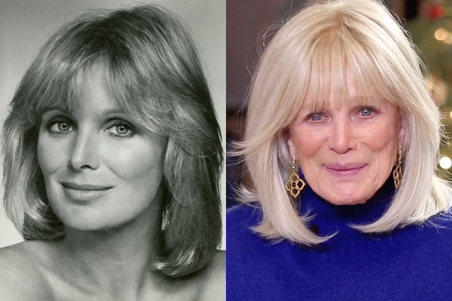Two images showing the same woman, first in a black-and-white photo with feathered blonde hair, and later with longer blonde hair and wearing a blue turtleneck sweater and dangling earrings.
