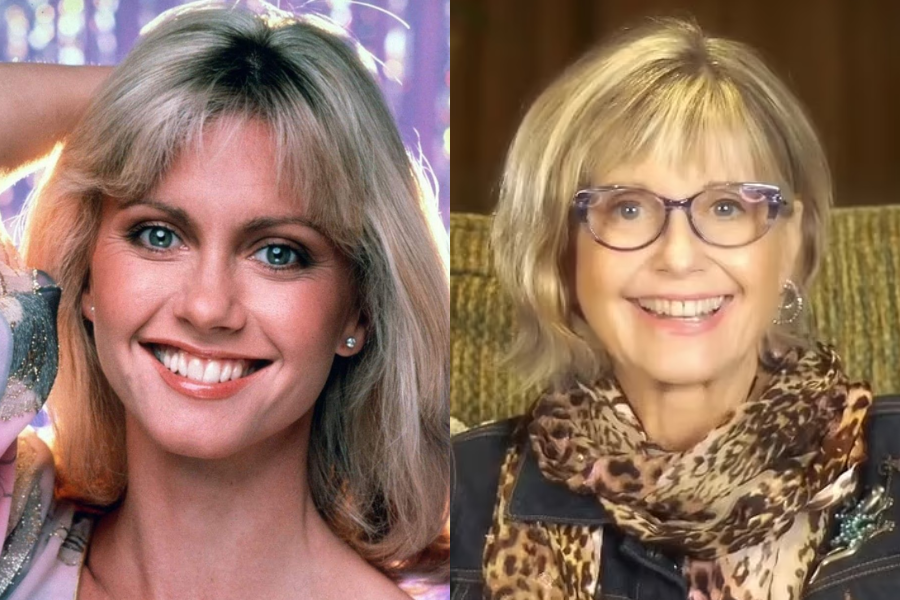 Smiling young woman with blonde hair and a sparkly top in a retro setting, next to an older version of her with glasses and a leopard-print scarf, smiling brightly.