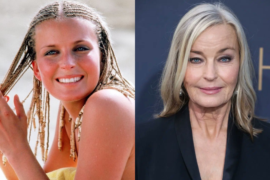 Beach photo of a young woman with braided hair and a towel wrapped around her, next to a current portrait of her older with straight blonde hair and wearing a dark blazer.