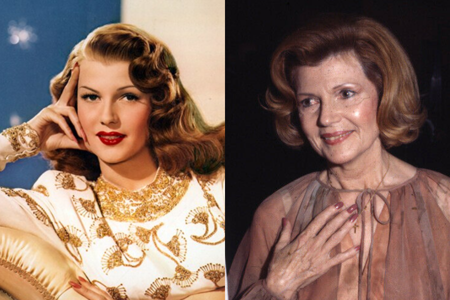 Rita Hayworth as a young woman in a sparkling white and gold gown with glamorous curls, paired with an older photo where she wears a sheer top and smiles warmly.