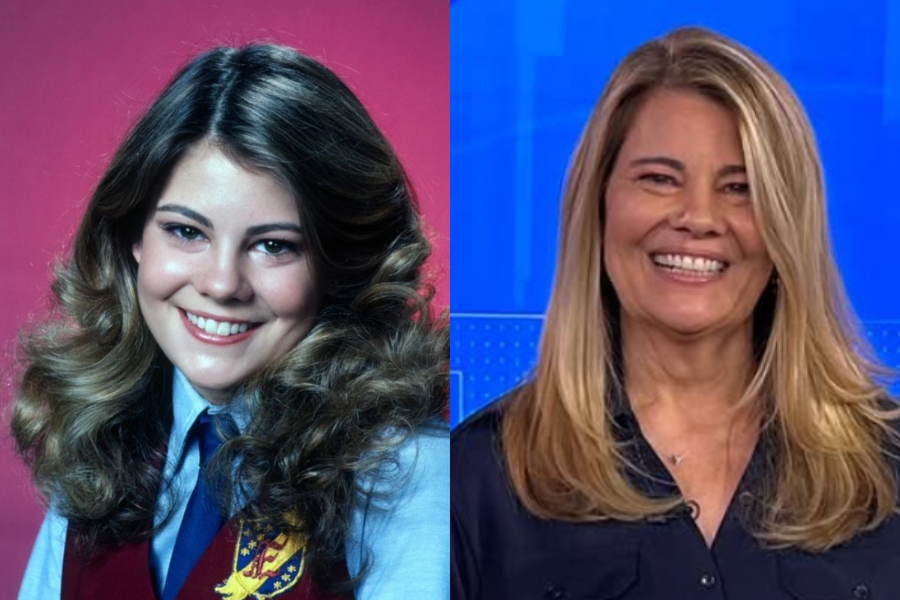 Side-by-side portraits of a woman in her youth and later in life. On the left, a teenage girl with voluminous brown hair smiles in a school uniform with a red vest and crest against a pink background. On the right, the same woman as an older adult, with straight blonde hair and a dark blouse, smiling in front of a bright blue studio-style background.