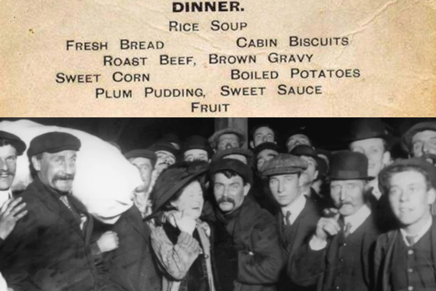 Collage of Titanic's third-class dinner menu listing rice soup, roast beef, and plum pudding, paired with a photo of cheerful immigrants at port.