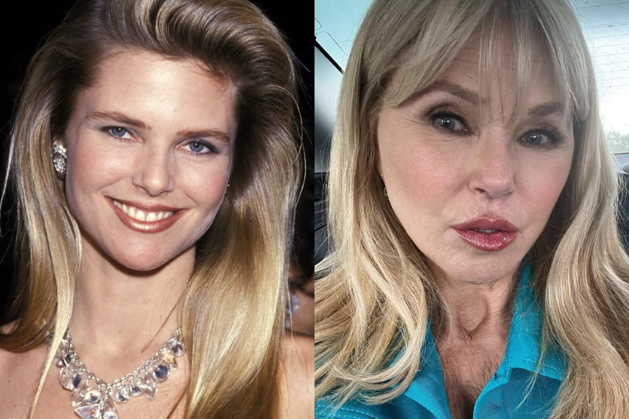 Glamorous young woman with sleek long blonde hair and a jeweled necklace, paired with a recent selfie of her older self, still blonde, wearing a teal shirt.