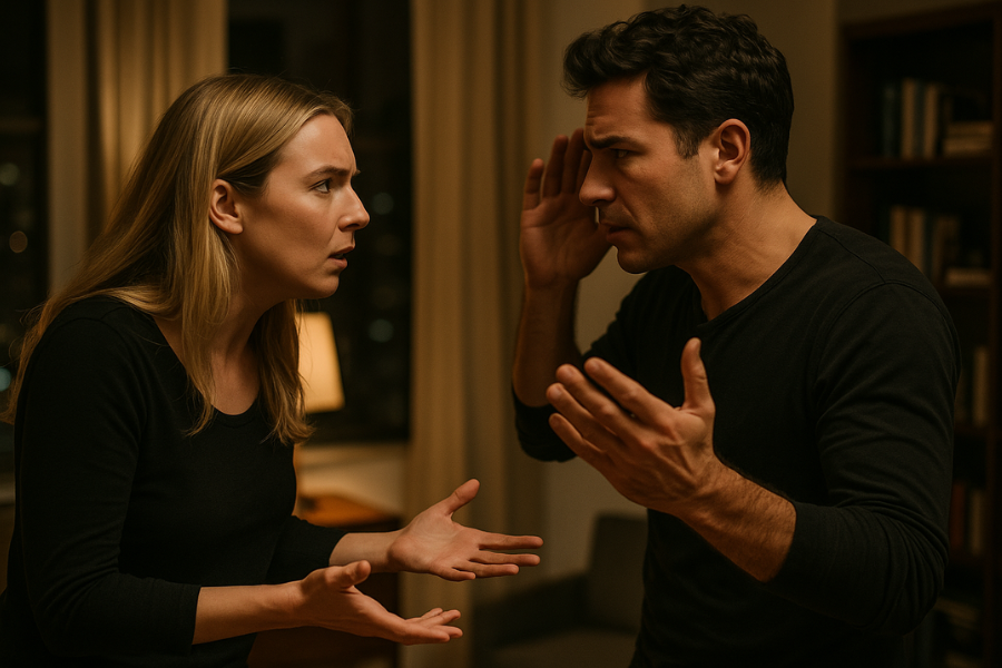 A man and a woman, both dressed in black long-sleeve shirts, stand facing each other in a dimly lit room, engaged in an intense argument. Both have animated expressions and hand gestures, with the woman looking frustrated and the man appearing defensive.