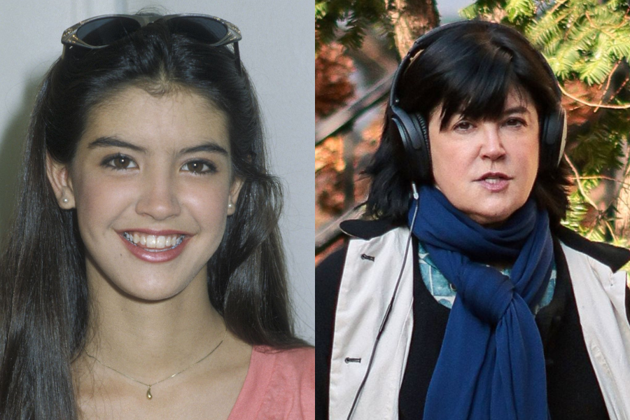 Side-by-side images of a woman in her youth and adulthood. On the left, a young woman with long dark hair, sunglasses on her head, and a pink top smiles brightly at the camera. On the right, she appears older with a short dark hairstyle, wearing headphones, a navy scarf, and a beige jacket while walking outdoors near green trees.