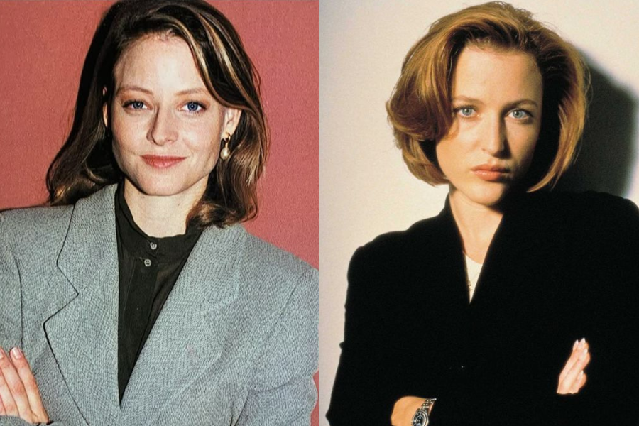 Side-by-side image of two women with medium-length brown hair wearing blazers. The woman on the left stands in front of a red background with a slight smile, while the woman on the right poses against a light background with a serious expression and arms crossed.