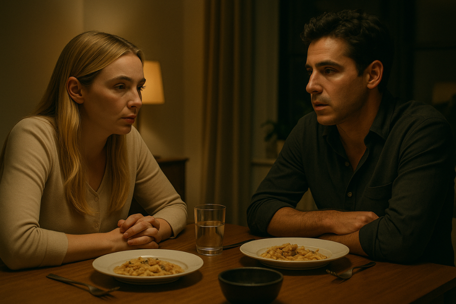 A man and a woman sit across from each other at a dinner table, both appearing tense and distant, with their arms resting on the table. Plates of pasta, glasses of water, and a small empty bowl are in front of them, with soft lighting creating a somber mood.