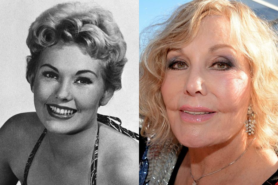 Young Kim Novak smiling brightly in a swimsuit-style top, next to an older image of her in glamorous makeup and sparkling earrings.