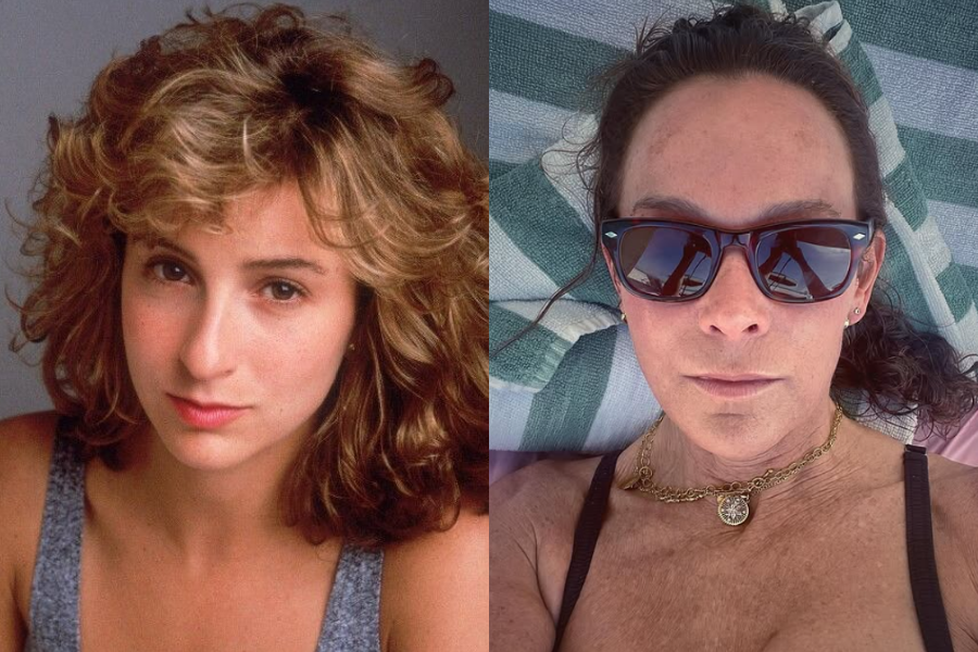 Side-by-side images of a woman at different ages. On the left, she has shoulder-length, voluminous curly blonde hair and wears a gray tank top, gazing softly at the camera. On the right, she is older, lying on a striped towel in the sun with dark sunglasses, a gold chain necklace with a medallion, and a black strap top.