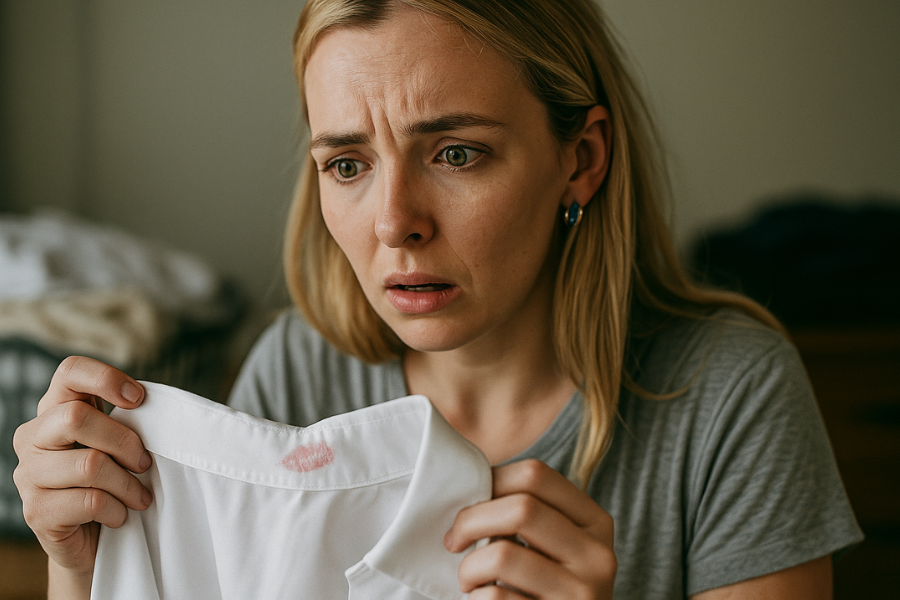 A woman wearing a gray t-shirt looks distressed as she holds up a white dress shirt with a visible lipstick stain on the collar. Her expression is one of shock and concern, suggesting she has just discovered the stain.