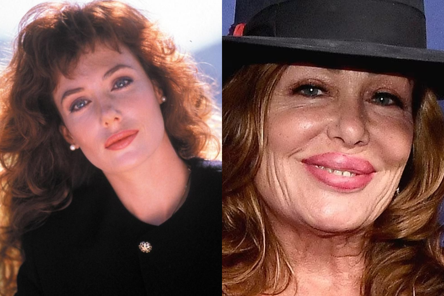 Side-by-side images of a woman in her youth and later in life. On the left, she has voluminous auburn hair and wears a black blazer with a brooch, softly gazing at the camera in natural light. On the right, she appears older with styled auburn hair, a wide-brimmed black hat, and a bright smile at an indoor event.