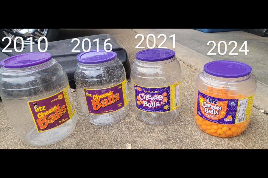 Utz Cheese Balls containers labeled by year—2010, 2016, 2021, and 2024—showing a noticeable decrease in container size over time.