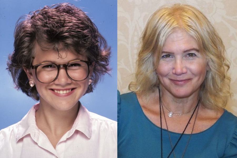 Side-by-side images of a woman in her youth and later years. On the left, a smiling teen from the 1980s with short curly hair, oversized glasses, and a white button-down shirt. On the right, the same woman as an adult with shoulder-length blonde hair, wearing a teal top and layered necklaces, smiling warmly.