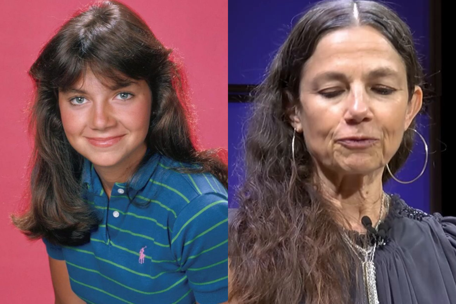 Side-by-side images of a woman at different stages of life. On the left, a teen girl from the 1980s with long brown hair, a striped blue polo shirt, and a pink background. On the right, the same woman decades later with long graying