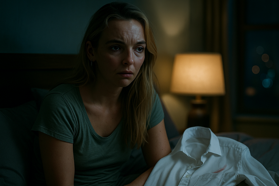 A woman in a green t-shirt sits on a bed at night, looking sad and deep in thought while holding a white dress shirt with a lipstick stain on it. The room is dimly lit by a bedside lamp, and city lights are faintly visible through the window.