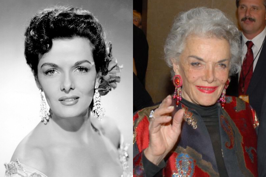 Jane Russell in a glamorous black-and-white portrait with dramatic earrings and styled hair, alongside a photo of her as an elder in a patterned jacket waving at an event.