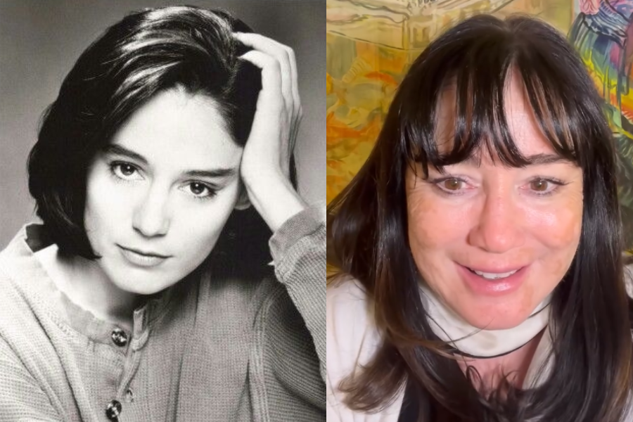 Side-by-side photos of a woman in her youth and later in life. On the left, a black-and-white portrait shows a young woman with short dark hair resting her hand on her head, wearing a buttoned sweater and looking pensively at the camera. On the right, she is older with long dark hair and bangs, smiling in a colorful room with vibrant artwork in the background.