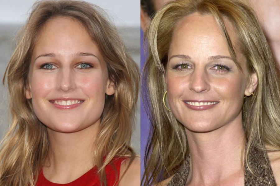 Side-by-side photo of two women with long, blonde hair, both smiling at the camera. The woman on the left wears a sleeveless red top, while the woman on the right wears gold hoop earrings and a brown halter top.