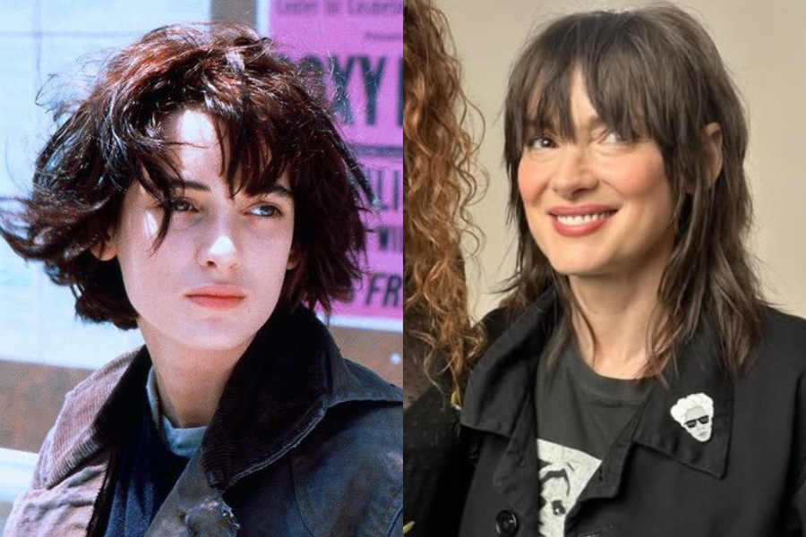 Side-by-side photos of Winona Ryder, showing her in the 1980s with short tousled hair and in the present day with layered bangs and a soft smile. A clear then-and-now comparison of the actress's iconic style evolution.
