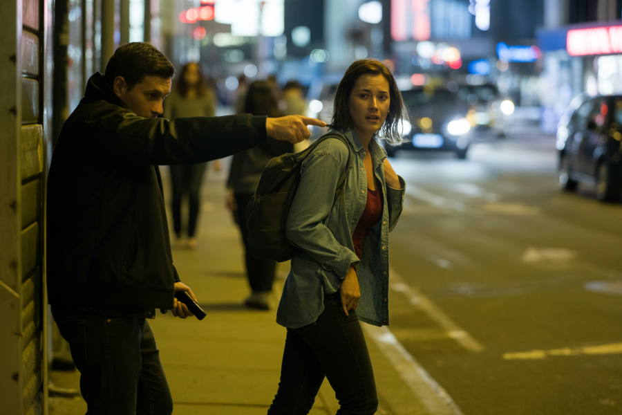 Man aggressively points at a distressed woman on a city sidewalk at night while holding a phone, with traffic and pedestrians blurred in the background.