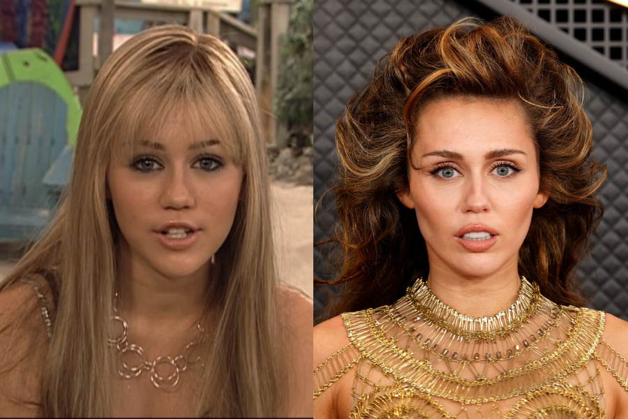 Side-by-side photos showing Miley Cyrus as a teenager in her "Hannah Montana" era with long blonde hair and hoop necklace, and as an adult at a red carpet event wearing an elaborate gold dress with voluminous hair.