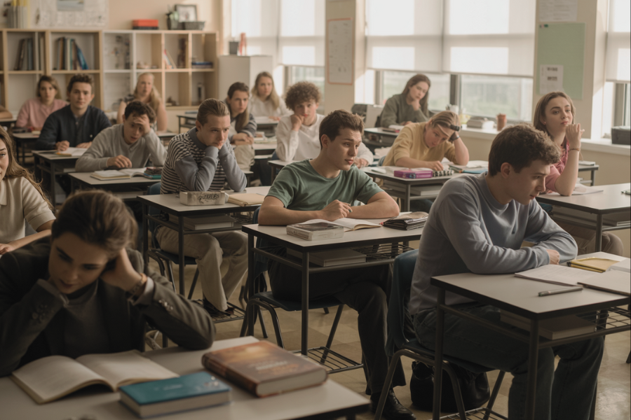 A classroom of students sitting at desks with books and notebooks, many appearing bored or distracted during a lesson.