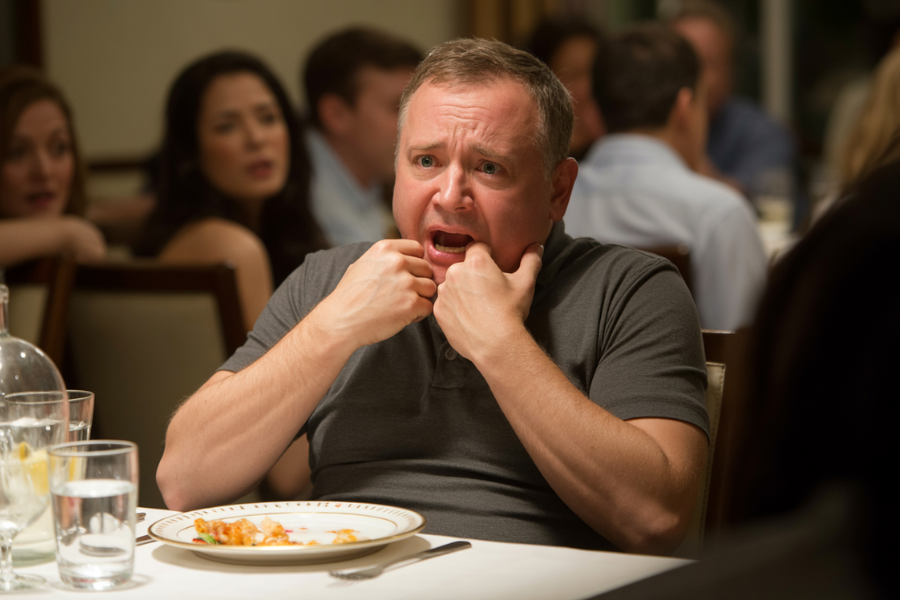 Middle-aged man at a dinner table clutching his throat with a panicked expression while others react in the background.