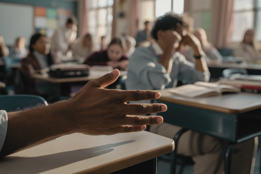 A close-up of a man's hand gesturing while speaking in a classroom, with blurry students and desks in the background. The focus is on the expressive hand, suggesting an engaging discussion.