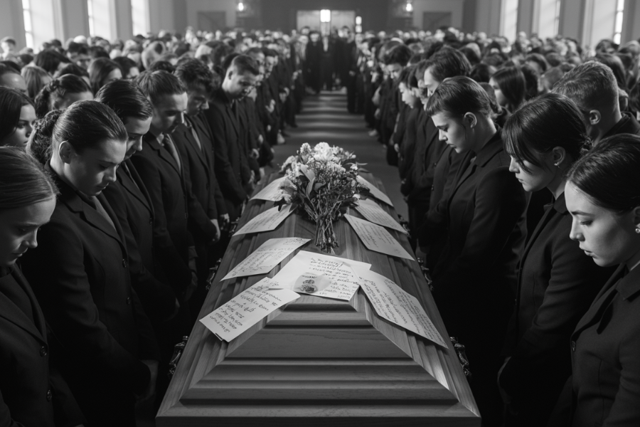 A large group of mourners dressed in black stands in silence around a wooden casket adorned with handwritten notes and floral arrangements. Heads are bowed in respect and grief in a solemn, dimly lit chapel.