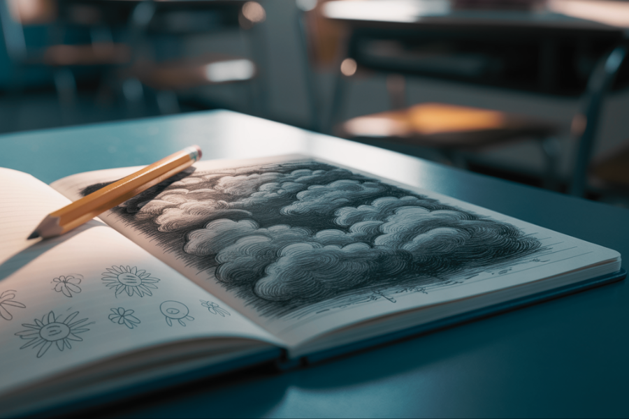 An open notebook on a blue desk shows contrasting drawings of happy cartoon flowers on one side and dense, stormy clouds on the other. A pencil lies across the page, hinting at conflicting emotions.