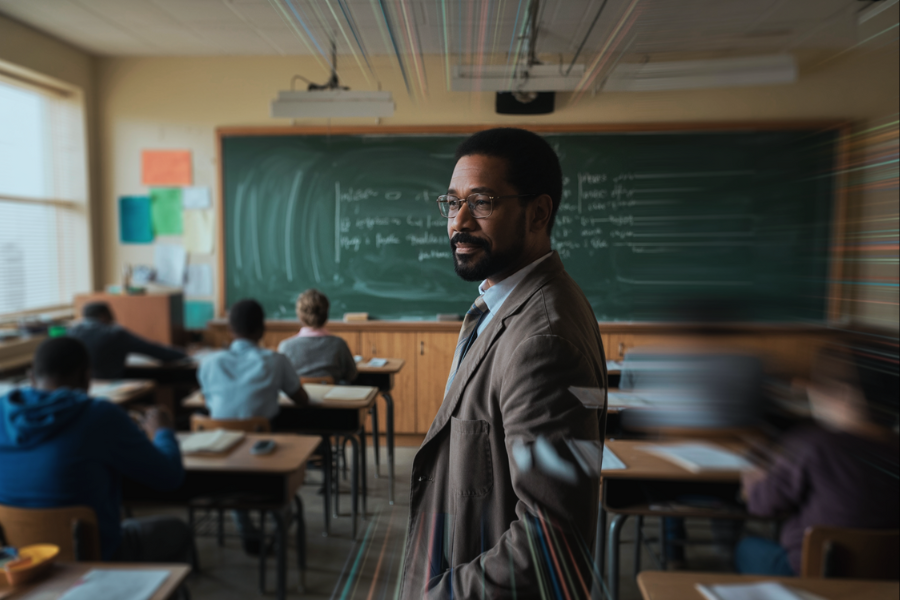 A teacher in a brown blazer stands confidently in front of a chalkboard in a classroom, with students seated and working behind him. Motion blur surrounds the scene, creating a dynamic, time-warp effect that contrasts with the teacher’s calm expression.