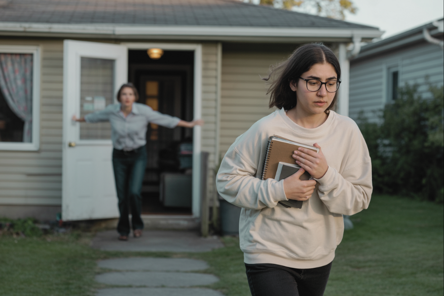 A teenage girl walks away from a house looking upset, clutching notebooks and a tablet to her chest, while an adult woman rushes out the front door behind her with arms outstretched. The scene captures a moment of emotional tension or conflict.