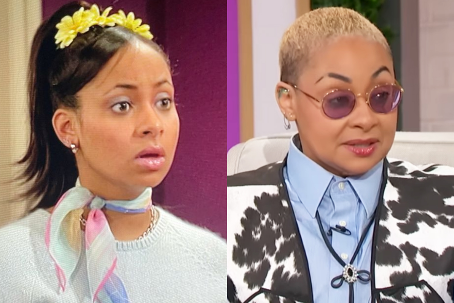 Raven-Symoné in a bright headband and neck scarf from her Disney Channel show, next to a modern-day image of her in glasses with short blond hair and bold fashion.
