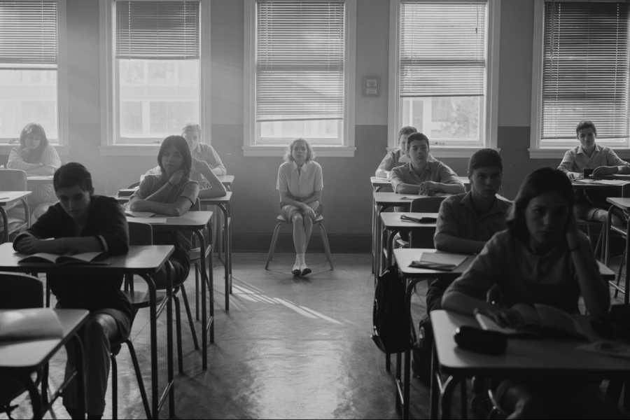 A black and white photo of students sitting at spaced desks in a classroom, with one girl sitting separately at the back in a chair. Light filters in through window blinds, creating a stark, isolated mood.