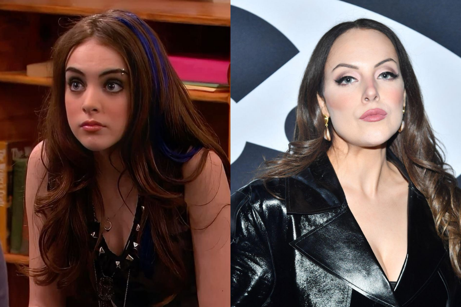 Elizabeth Gillies with long dark hair and blue streaks as her character Jade from "Victorious," shown next to a red carpet image of her in a black leather outfit and dramatic makeup.