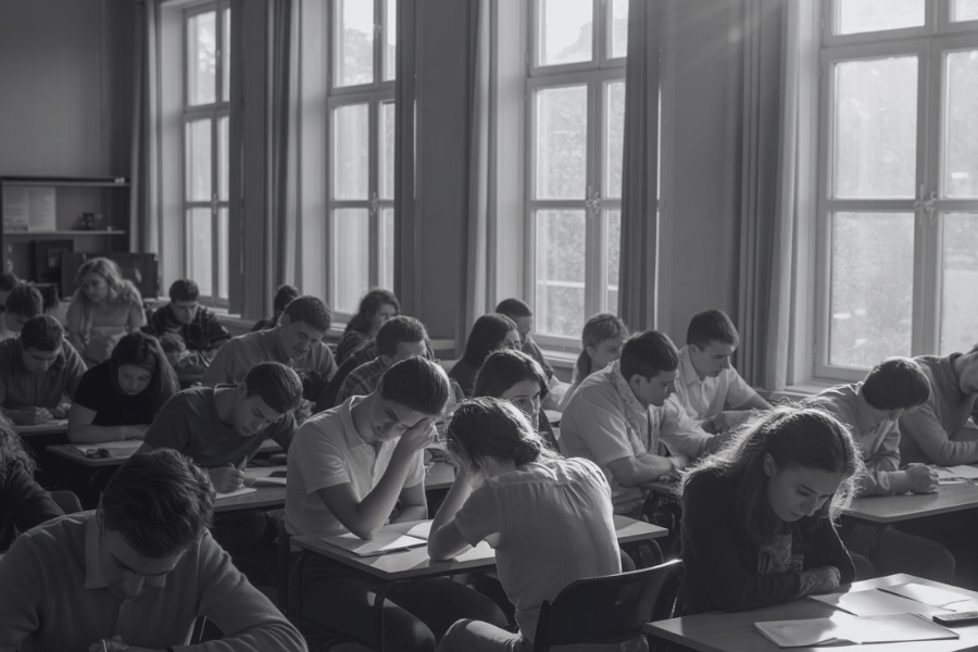 A black and white image of a full classroom where students are hunched over desks, focused on an exam or assignment, under bright window light.