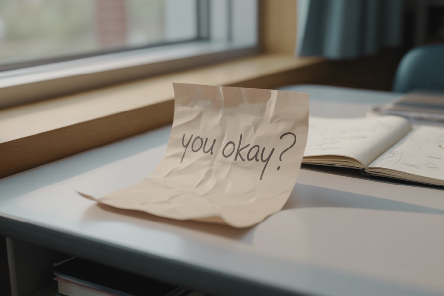 A wrinkled paper note reading “you okay?” sits on a classroom desk next to an open notebook, hinting at a moment of concern or quiet support.