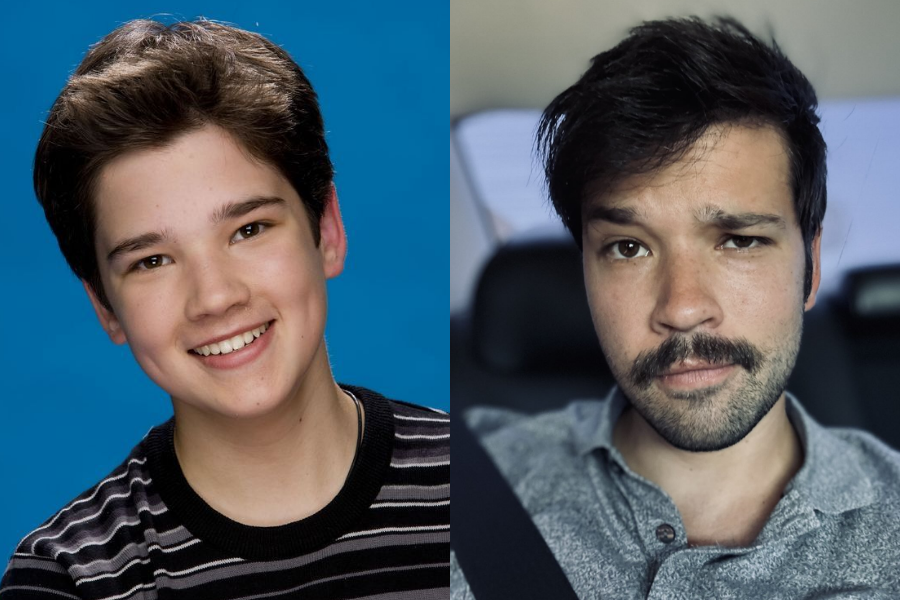 Nathan Kress as a smiling teen in a striped shirt from his early "iCarly" days, beside a grown-up selfie of him with facial hair and a raised eyebrow.
