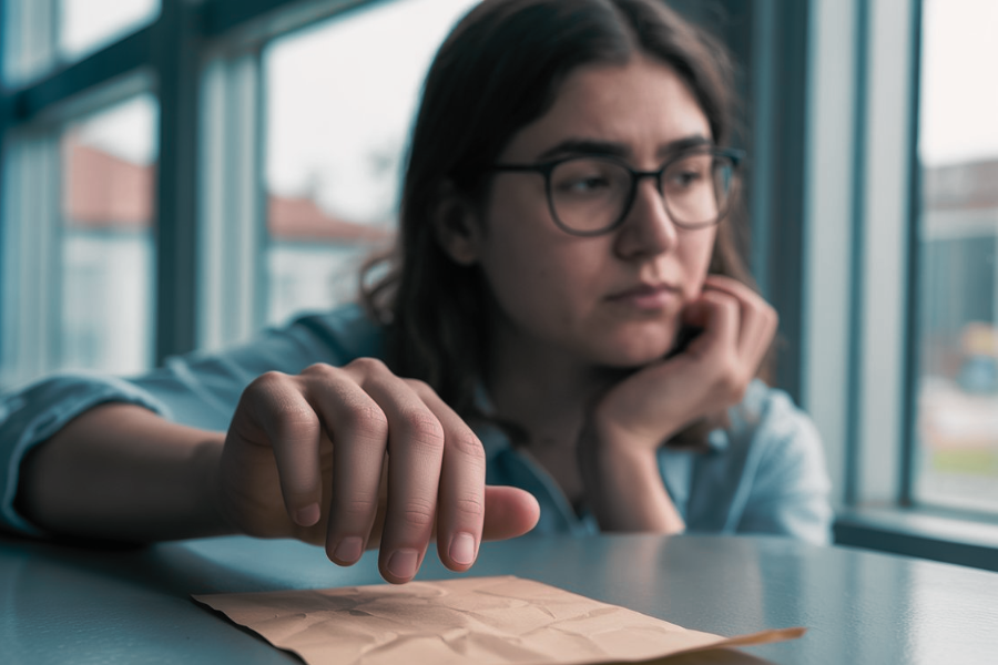 A student with glasses rests her head on one hand while lightly touching a crumpled note on a desk, looking out the classroom window with a somber expression.