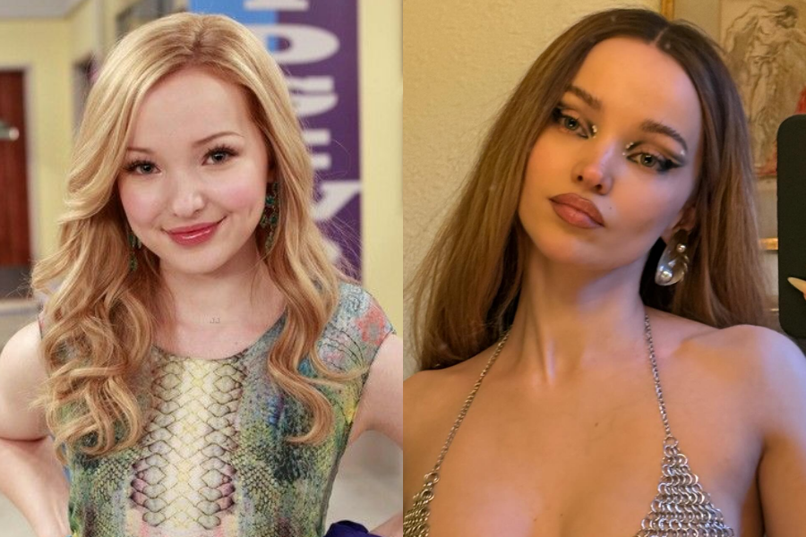 Dove Cameron as a Disney Channel teen with soft curls and a snakeskin dress, next to a modern glamorous selfie in a sparkly halter top with bold makeup.