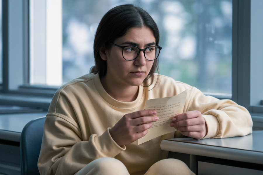 A girl in a pale yellow sweatshirt sits on the floor of a classroom, holding and reading a handwritten note with a serious expression.