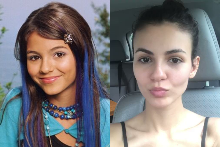 Victoria Justice as a child with long straight hair and blue streaks, wearing layered necklaces and a star hair clip, next to a natural selfie in a car with no makeup.