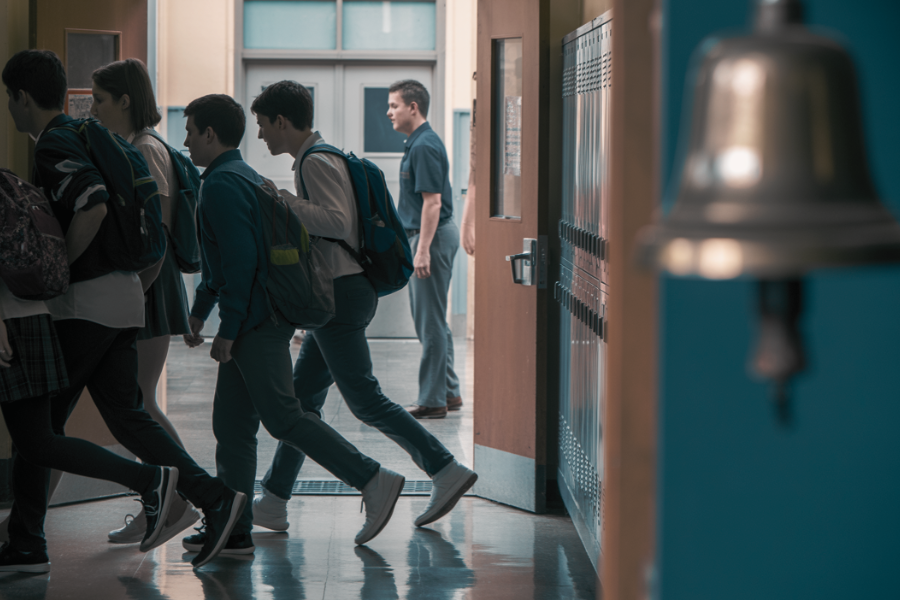 A group of students walk briskly through a school hallway with backpacks on, passing an open door and lockers as a school bell hangs in the foreground.