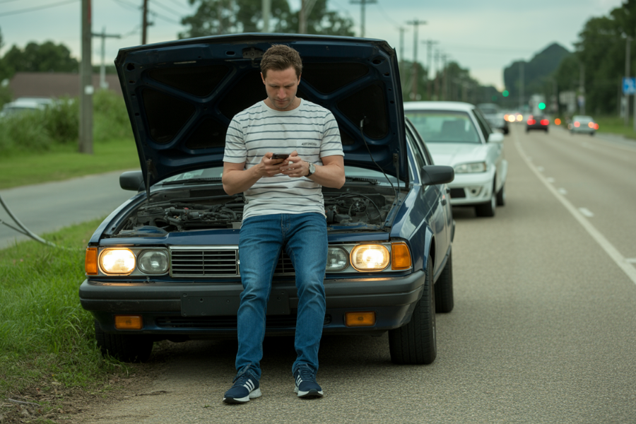 Man sitting on the front of a car with the hood open, looking at his phone while parked on the side of a road.