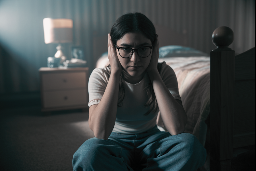 A teenage girl sits on the floor of a dimly lit bedroom with her back against the bed, hands pressed over her ears and a distressed expression on her face. The moody lighting and her body language convey emotional overwhelm or anxiety.