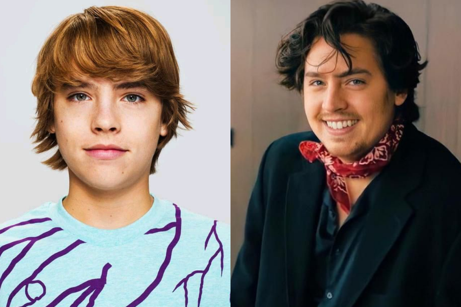 Cole Sprouse as a young actor with shaggy blond hair in a turquoise shirt, next to a recent photo of him smiling with longer dark hair and a red neck scarf.
