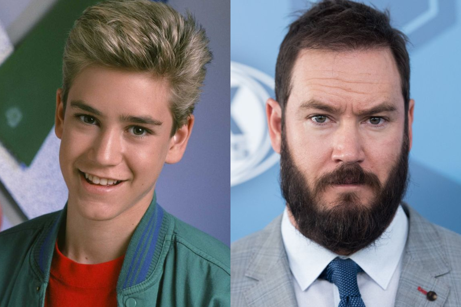 Mark-Paul Gosselaar in a youthful photo from the 90s with blond spiked hair and a green jacket, alongside a recent image showing him with a full beard and serious expression in a suit. A dramatic transformation of a 90s teen star.