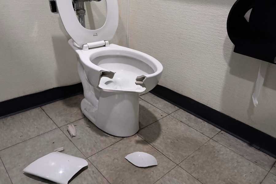 Public restroom toilet with shattered ceramic rim and broken pieces scattered on the tiled floor.
