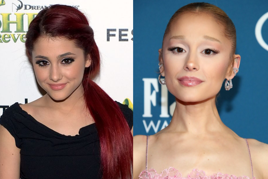 Ariana Grande pictured as a young actress with bright red hair in a side ponytail, alongside a recent image of her with slicked-back blonde hair in a pink gown on the red carpet.